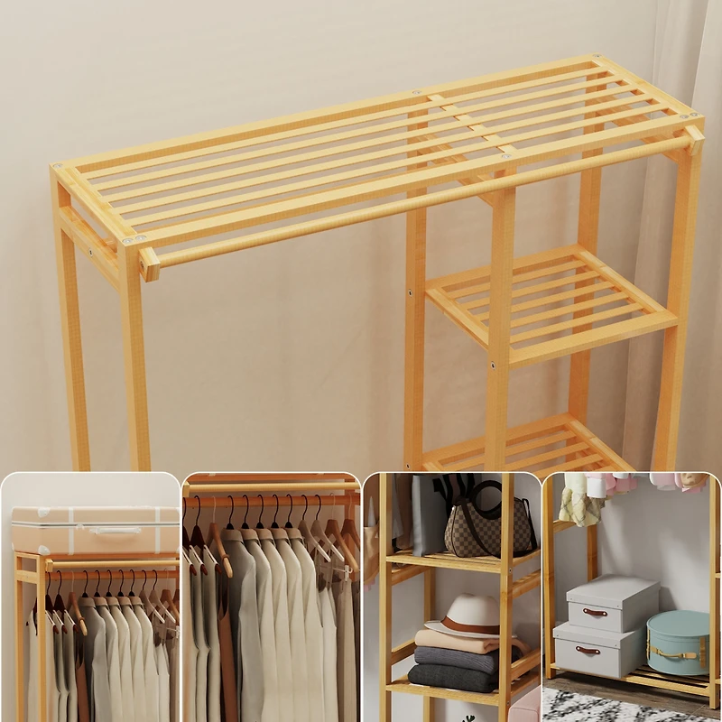 Unho Wooden Garment Rack: Coat Stand with Shelves Cabinet Clothes Storage