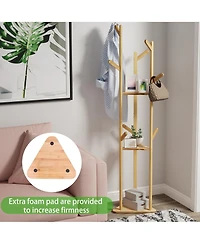 Unho Sturdy Garment Clothes Stand: Natural Bamboo Coat Rack Hat Hanger Stand with Shelves
