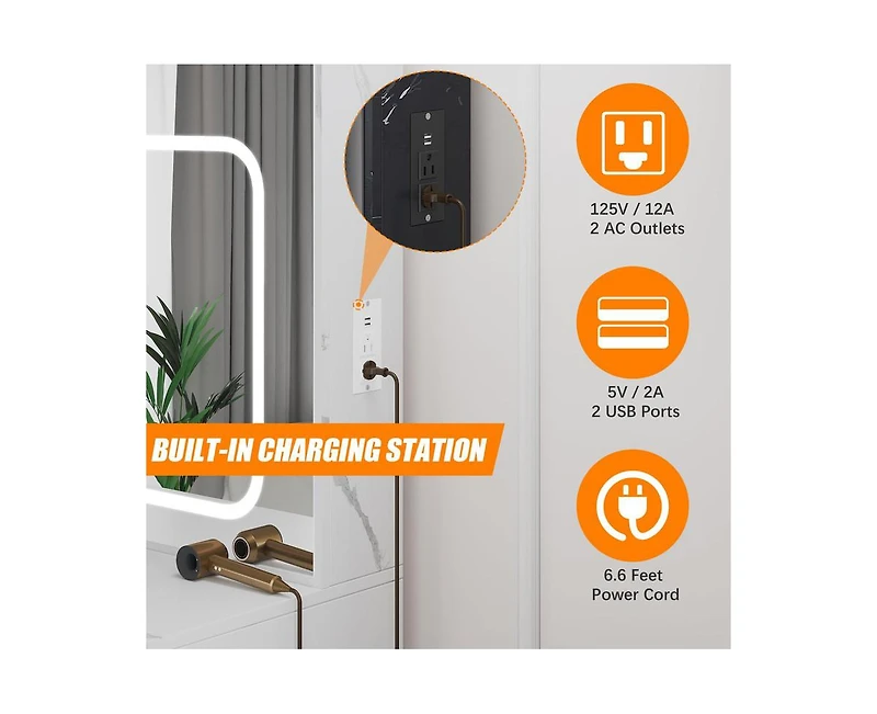 gaomon Vanity Desk with Sliding Mirror and Lights, Makeup Vanity Set with Power Outlet, 4 Drawers, Stool, Open Shelves, 3 Color Lighting Modes, Bright