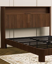 Dyhome Floating Bed Frame Queen with Headboard Storage, Bed Frame Queen Size with Charging Station & Led Lights, Pu Leather Upholstered Platform Bed F