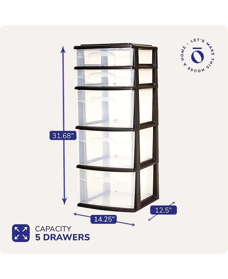 Homz Plastic 5 Drawer Home Storage Container TowerCloset Organizer, Black Frame