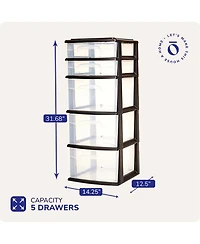 Homz Plastic 5 Drawer Home Storage Container TowerCloset Organizer, Black Frame