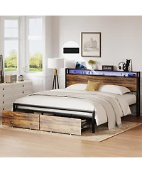 Metal Bed Frame with 2 Storage Drawers and Led Rgb Led light