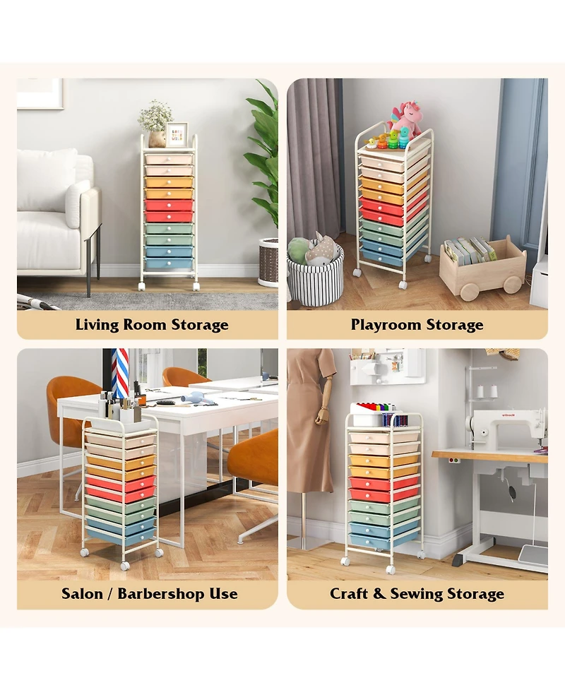 Gouun 10 Drawer Rolling Storage Cart Organizer with 4 Universal Casters