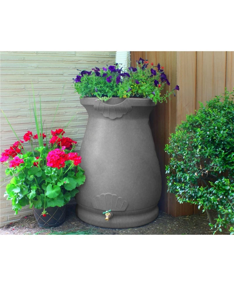 Slickblue Granite 65-Gallon Plastic Urn Rain Barrel with Planter Top for Water Conservation and Garden Use