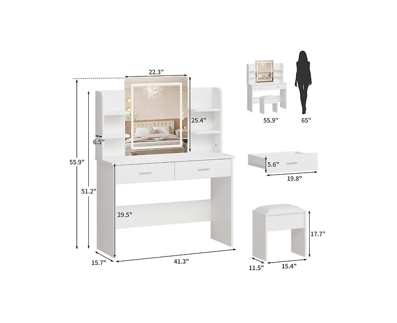 gaomon Vanity Desk with Mirror and Lights, Makeup Vanity Set w/Desk and Stool, Power Outlet, Makeup Vanity Desk with 6 Storage Shelves