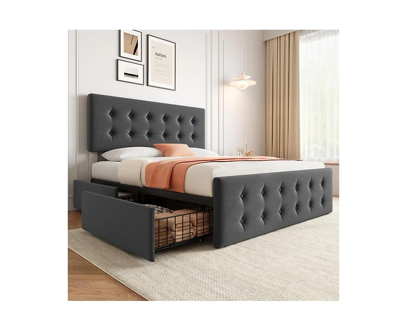 gaomon Queen Size Bed Frame with 4 Storage Drawers and Headboard, Linen Upholstered Platform Bed Frame with Wooden Slats Support, Button Tufted Design
