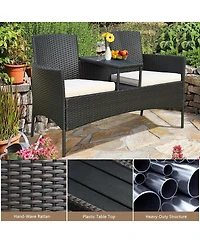 Gymax Patented Cushioned Rattan Wicker Patio Conversation Set Loveseat Table