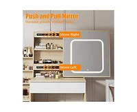 gaomon Vanity Desk with Sliding Mirror and Lights, Makeup Vanity Set with Power Outlet, 4 Drawers, Stool, Open Shelves, 3 Color Lighting Modes