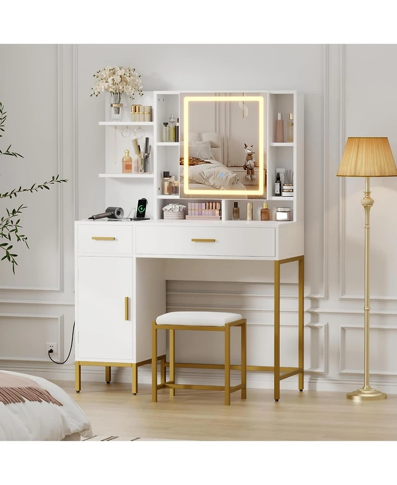 gaomon Makeup Vanity with Power Outlet, Vanity Desk with Mirror and Lights