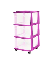 Homz Plastic 3 Drawer Medium Storage Container Tower, Clear Drawers/Purple Frame