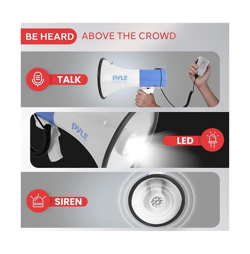 Pyle 50-Watt Megaphone with Led Lights, Siren Alarm Mode, Adjustable Volume, Portable, Battery Operated, Handheld Microphone