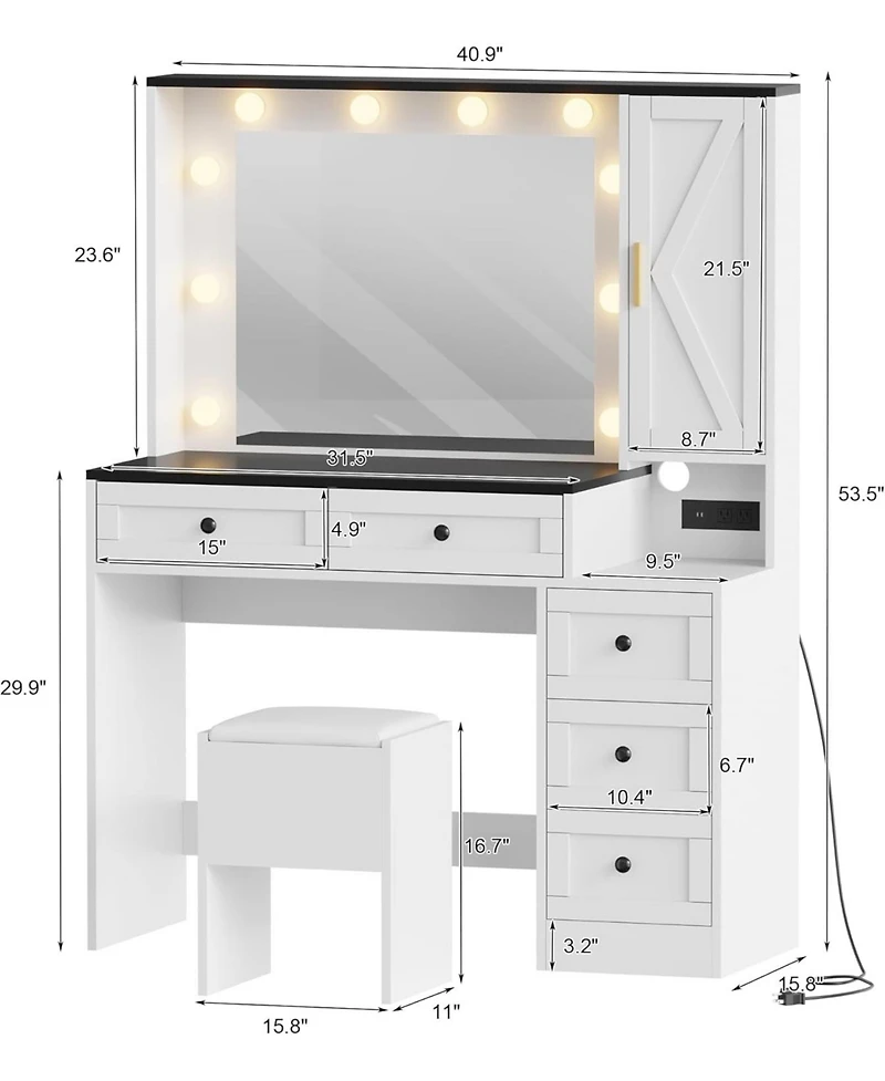 gaomon Makeup Vanity Stool Set, Small Vanity Desk with Lighted Mirror, Charging Station, 5 Drawers