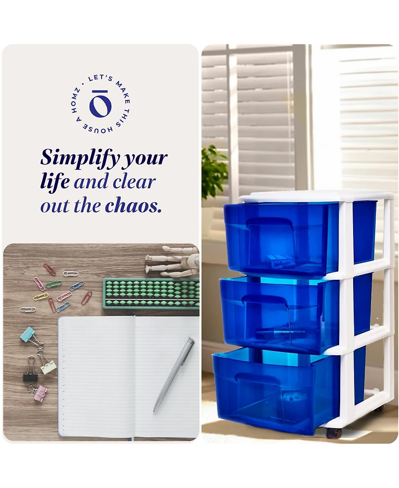Homz Plastic 3 Drawer Medium Storage Container Tower, Blue Drawers/White Frame