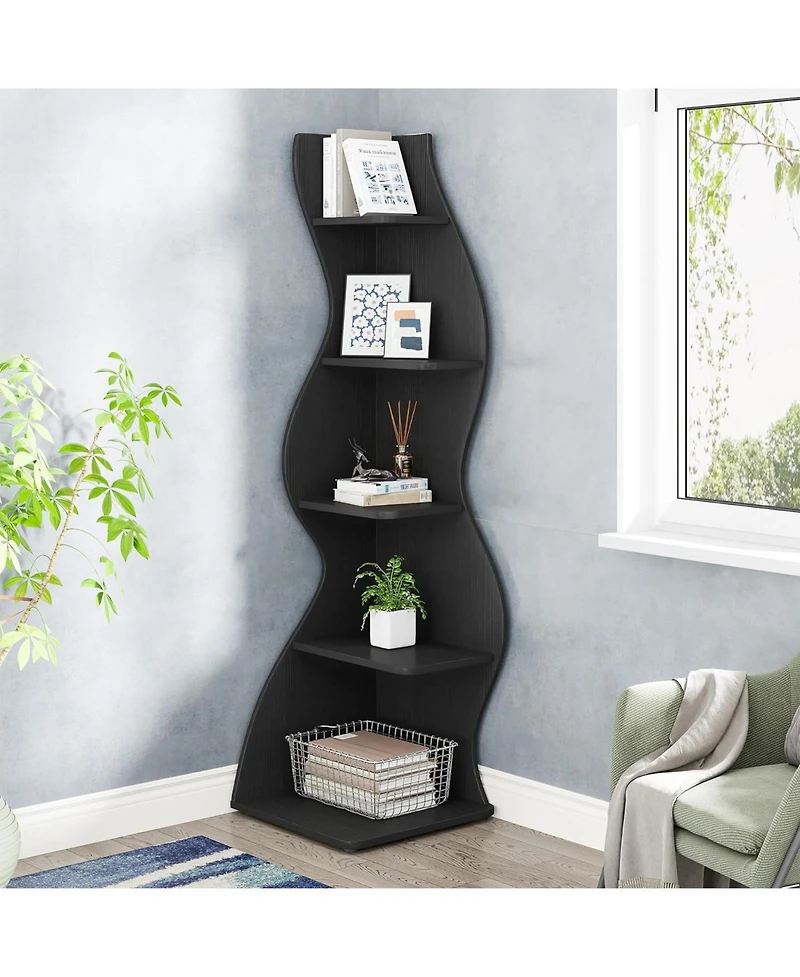 Tribesigns Corner Shelf, Modern 5-Tier Wall Bookshelf, Stylish Small Bookcase Storage Rack Plant Stand with Unique Shape for Living Room