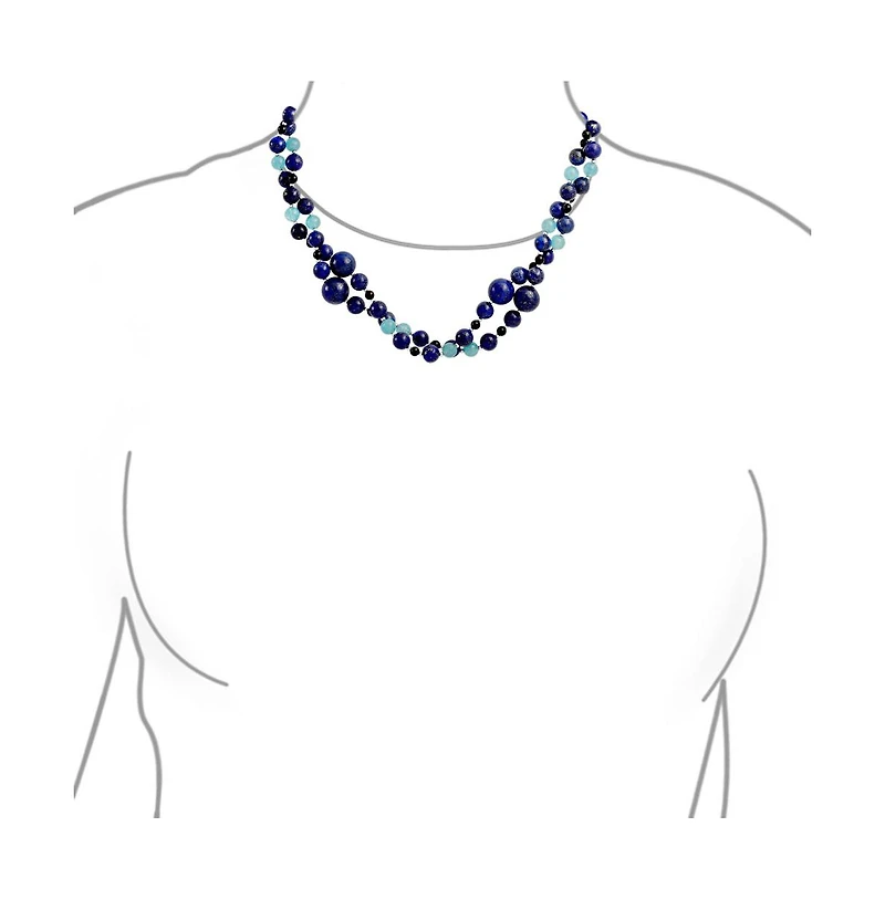Bling Jewelry Long Wrap Around Layer Blue Shades Natural Aqua Quartz Blue Lapis Black Onyx Ball Bead Strand Necklace 40 Inch