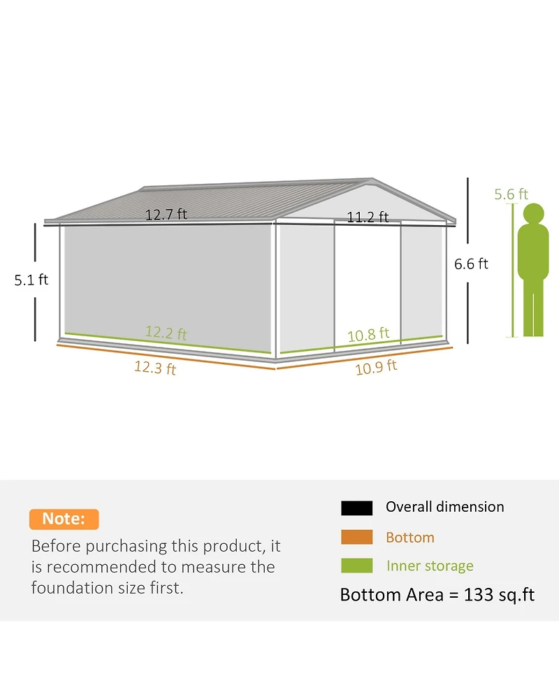 Outsunny 11' x 13' Storage Shed Garden Tool House w/ Vents Doors