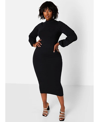 Rebdolls Women's Black Turtleneck Cotton Bodycon Midi Dress with Puff Sleeves