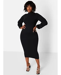 Rebdolls Women's Black Turtleneck Cotton Bodycon Midi Dress with Puff Sleeves