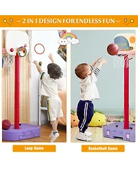 Gymax Portable 2 in 1 Kids Basketball Hoop Stand w/ Ring Toss & Storage Box