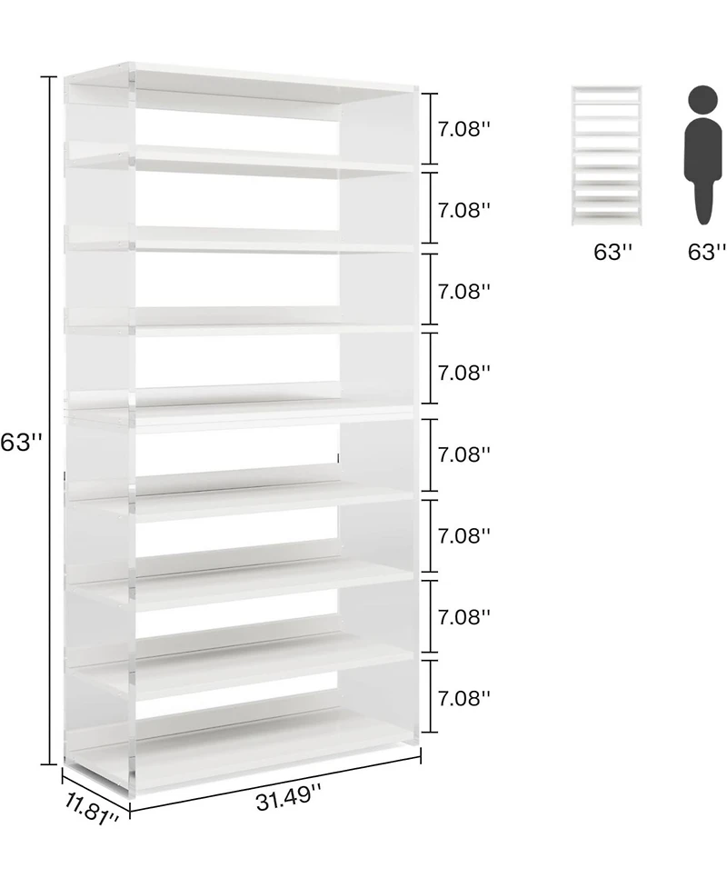 Tribesigns 8-Tier Acrylic Shoe Rack Set of 2, Modern Shoe Storage with Wood Shelves, 63" Shoe Organizer Display Shelf for 24-32 Pairs, Space-Saving, W