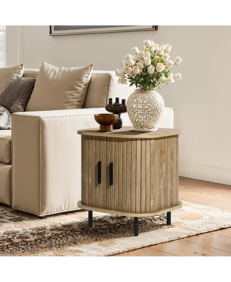 LuxenHome Mid-Century Modern 2-Door Nightstand and End Table with Slatted Slidng Doors