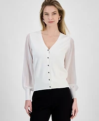T Tahari Women's Contrast-Sleeve Button-Front Cardigan