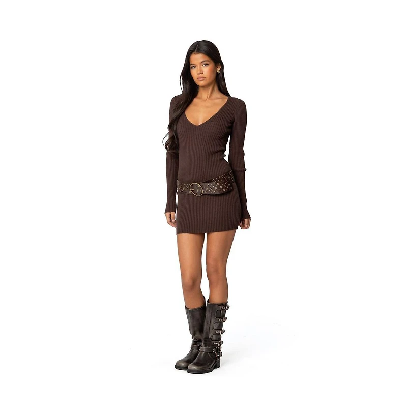 Edikted Womens Ribbed Knit V Neck Mini Dress