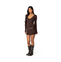 Edikted Womens Ribbed Knit V Neck Mini Dress