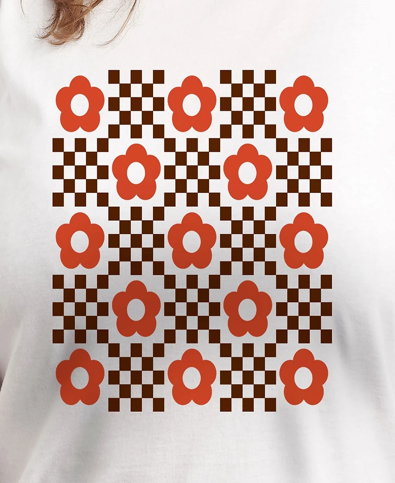 Hybrid Apparel Plus Trendy Checkered Flower Graphic Crew Neck T-Shirt
