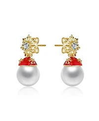 14K Gold Plated with White Pearl & Clear Cubic Zirconia Snowflake and Santa Hat Drop Earrings