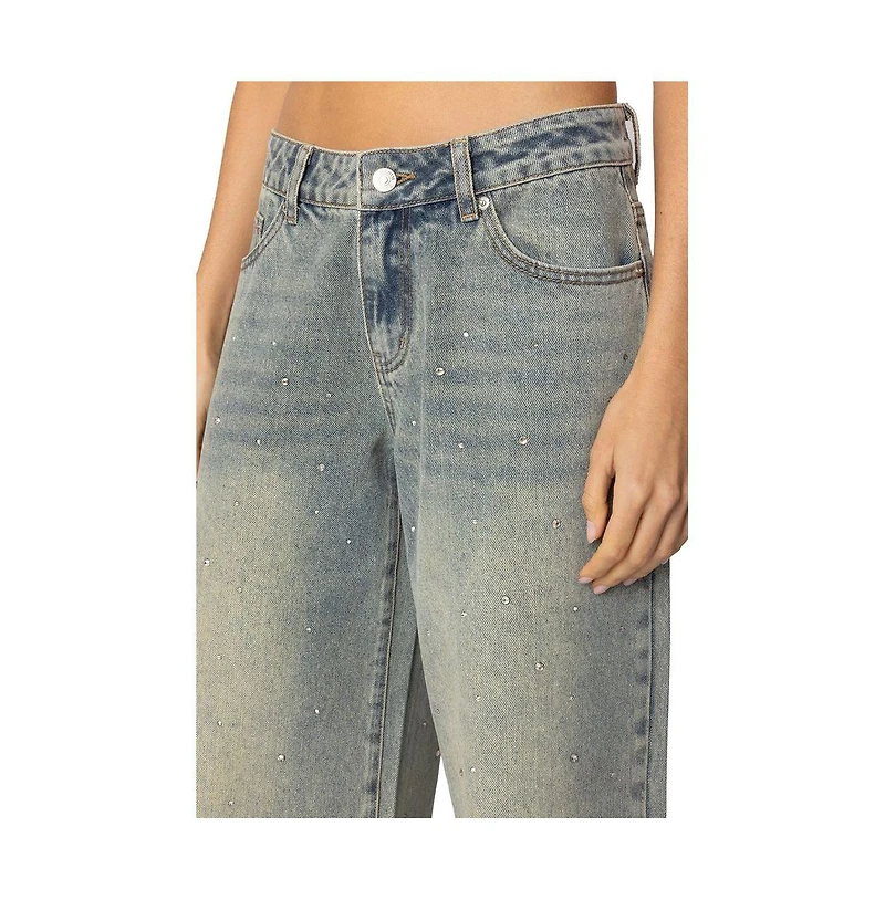 Edikted Womens Rhinestone Low Rise Washed Jeans