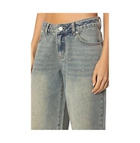 Edikted Womens Rhinestone Low Rise Washed Jeans