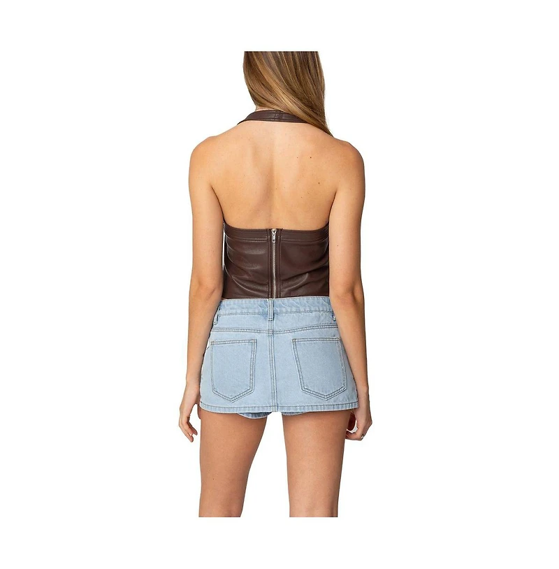 Edikted Womens Draped Faux Leather Halter Top