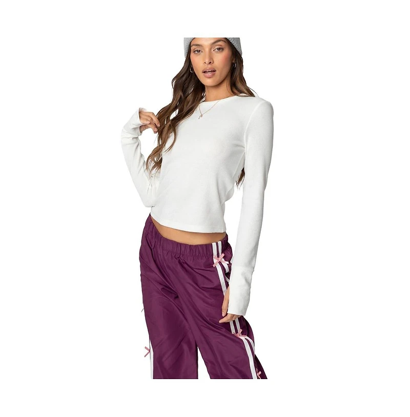 Edikted Womens Waffle Long Sleeve T Shirt