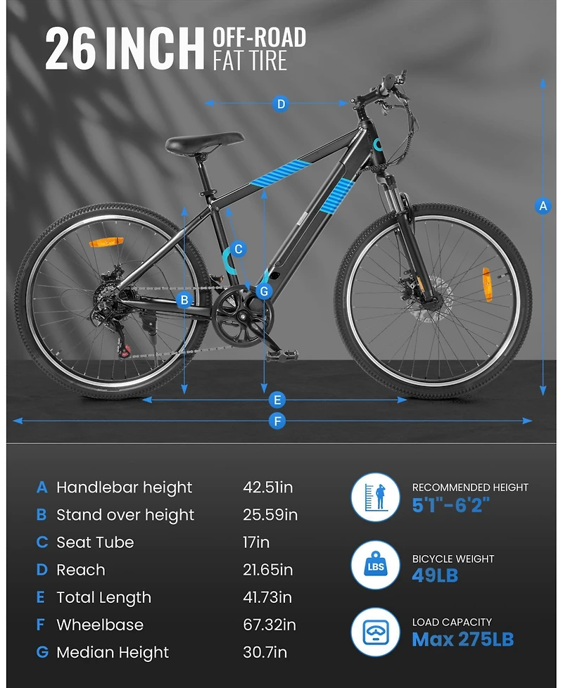 Gyroor 350W Electric Bike 26" Electric Mountain Bike for Adults
