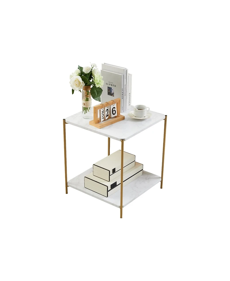 Kings Brand Furniture Side End Table with Faux Marble Storage Shelves & Gold Metal Frame, Nightstand for Bedroom, Living Room, or Modern Accent Table