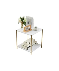 Kings Brand Furniture Side End Table with Faux Marble Storage Shelves & Gold Metal Frame, Nightstand for Bedroom, Living Room, or Modern Accent Table