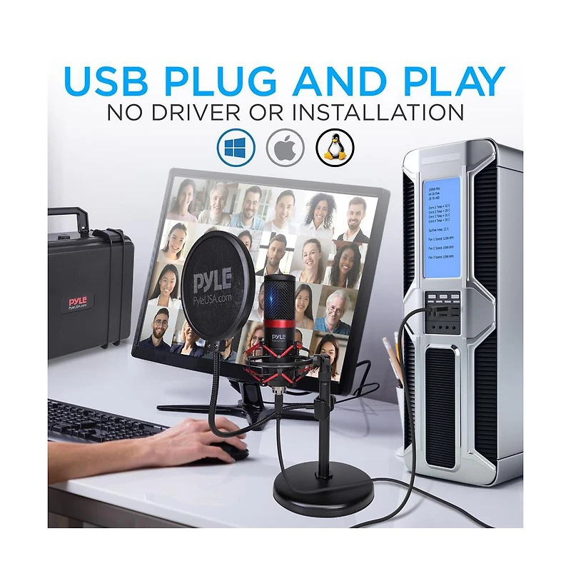 Pyle Usb Computer Microphone Kit with Shock Mount, Pop Filter, and Desktop Stand for Streaming and Recording