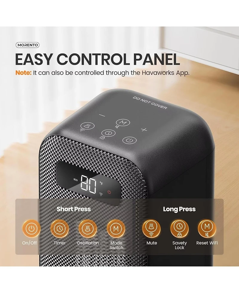 Morento Smart Space Heater, 1500W Electric Heater with Wi-Fi & Voice Control, Portable Heaters with Thermostat for Indoor Use, 12H Timer