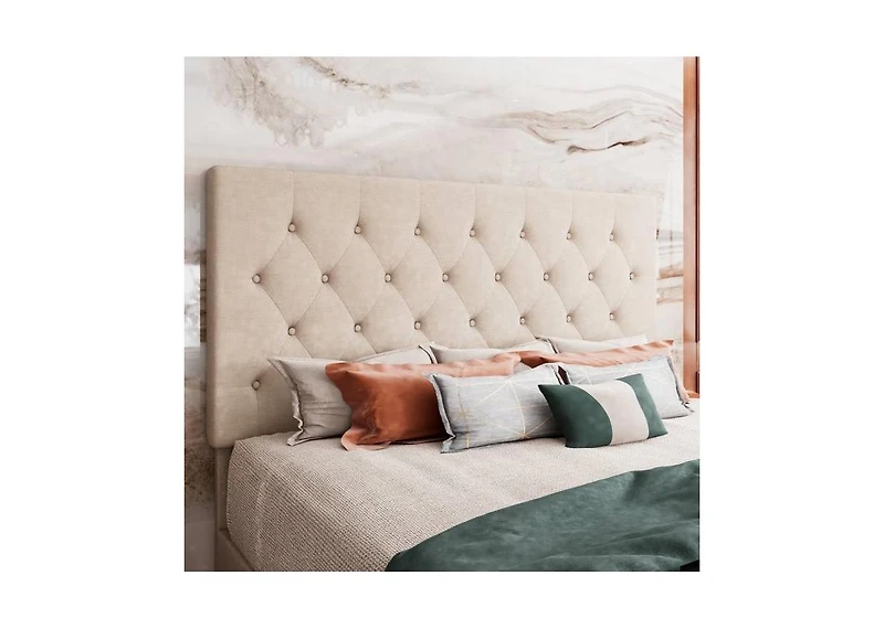 Linen Upholstered Platform Bed with Button-Tufted Headboard – Modern Bed Frame with Wood Slats, No Box Spring Needed