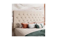 Linen Upholstered Platform Bed with Button-Tufted Headboard – Modern Bed Frame with Wood Slats, No Box Spring Needed