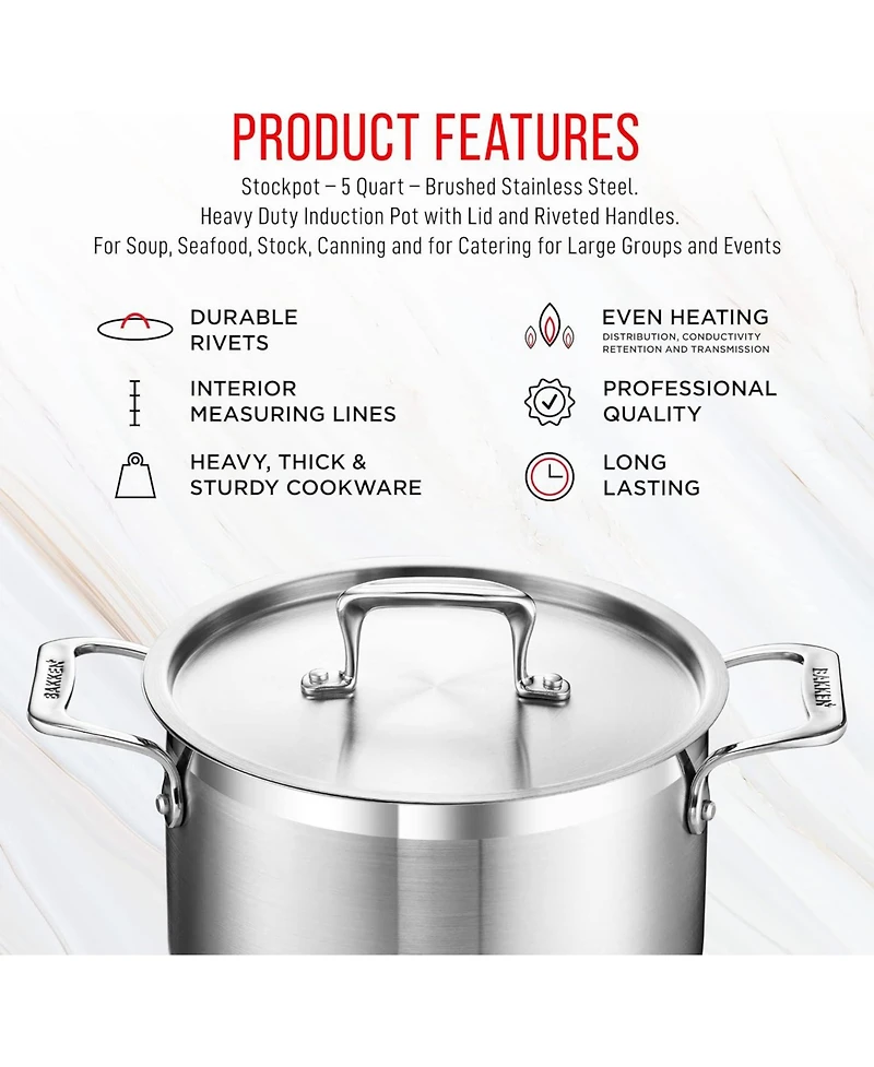 Bakken-Swiss 5-Quart Brushed Stainless Steel Stockpot with Lid – Heavy-Duty Induction Pot with Riveted Handles – Ideal for Soup, Seafood