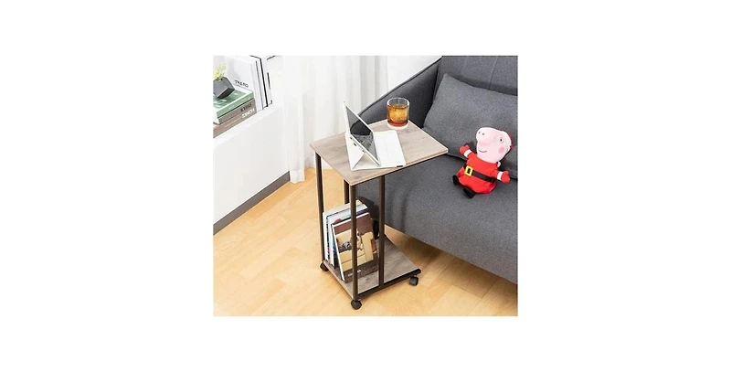 Rolling Bedside Table – Industrial Metal & Wood Tv Tray Table with Locking Casters for Sofa or Bed
