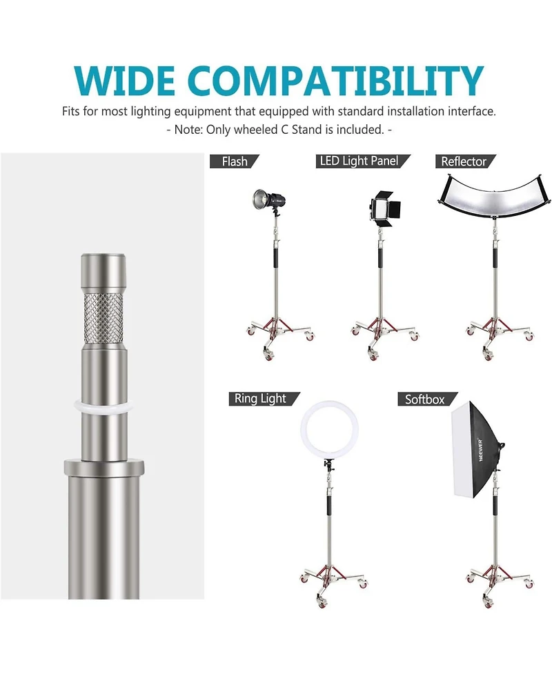 Neewer Heavy Duty Light Stand with Casters, Adjustable Tripod Stand with 100% Stainless Steel, Photography Wheeled Base Stand for Studio Softbox, Mono