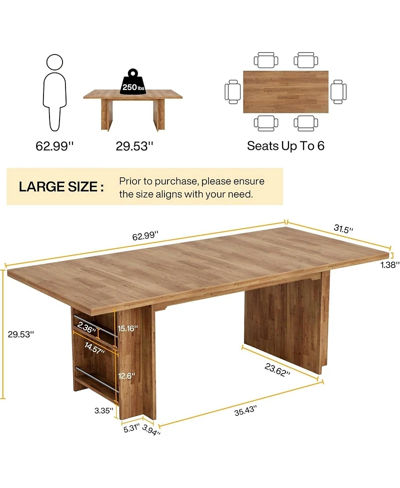 Tribesigns Farmhouse Dining Table for 6 to 8, 63-Inch Rectangular Wooden Kitchen Table with Storage, Industrial Dinner Table with Shelves