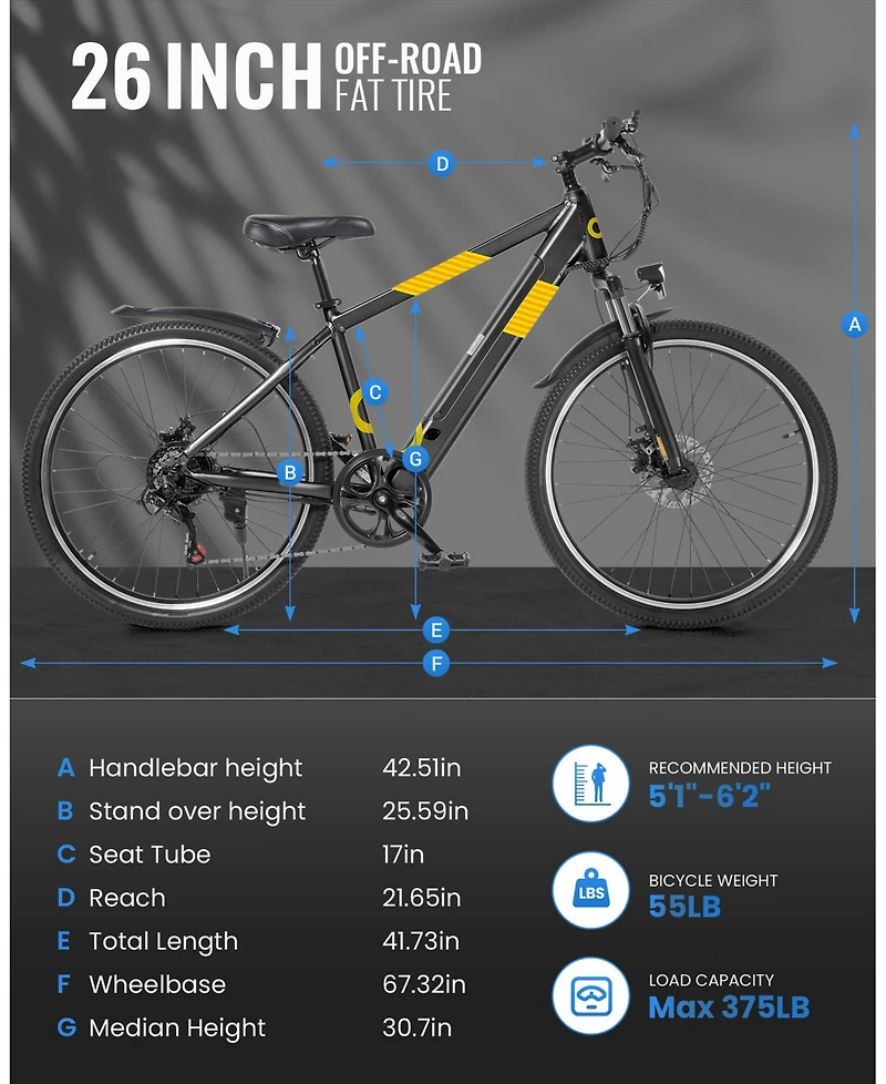 Gyroor 550W Electric Bike 26" Electric Mountain Bike for Adults, 48V Built-in Hidden Removable Battery, Up to 50 Miles with Shimano 21 Speed City Comm