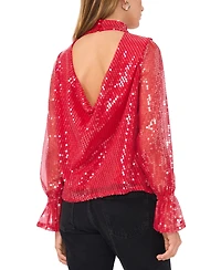 1.state Women's Sequin Draped-Back Mock-Neck Top