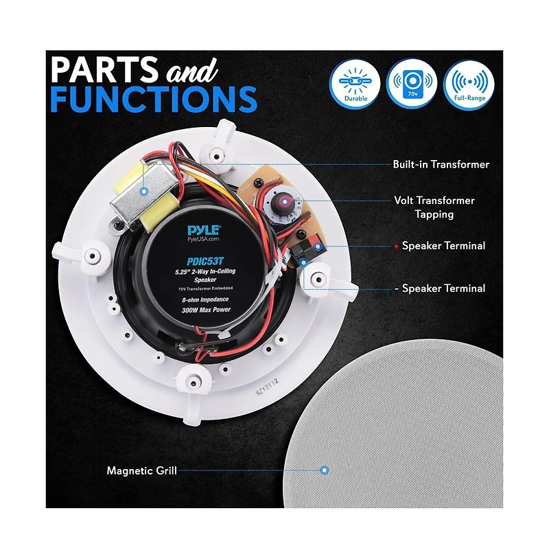 Pyle 5.25” In-Wall / In-Ceiling Speaker with 70V Transformer Tapping - 2-Way Full-Range Stereo Sound, Flush Mount Design (300W Max)