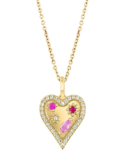 Effy Pink Sapphire (1/8 ct. t.w.), Ruby Accent, & Diamond (1/6 ct. t.w.) Heart Halo 18" Pendant Necklace in 14k Gold